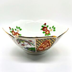 Vintage Imari Japan Porcelain Lotus Scallop Bowl Gold Trim Lotus 7" Textured